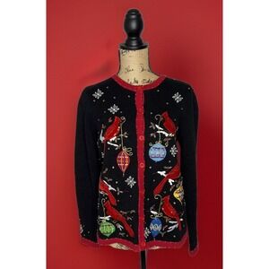 KIM ROGERS Black Cardinals & Christmas Ornament Applique Cardigan Sweater Sz S